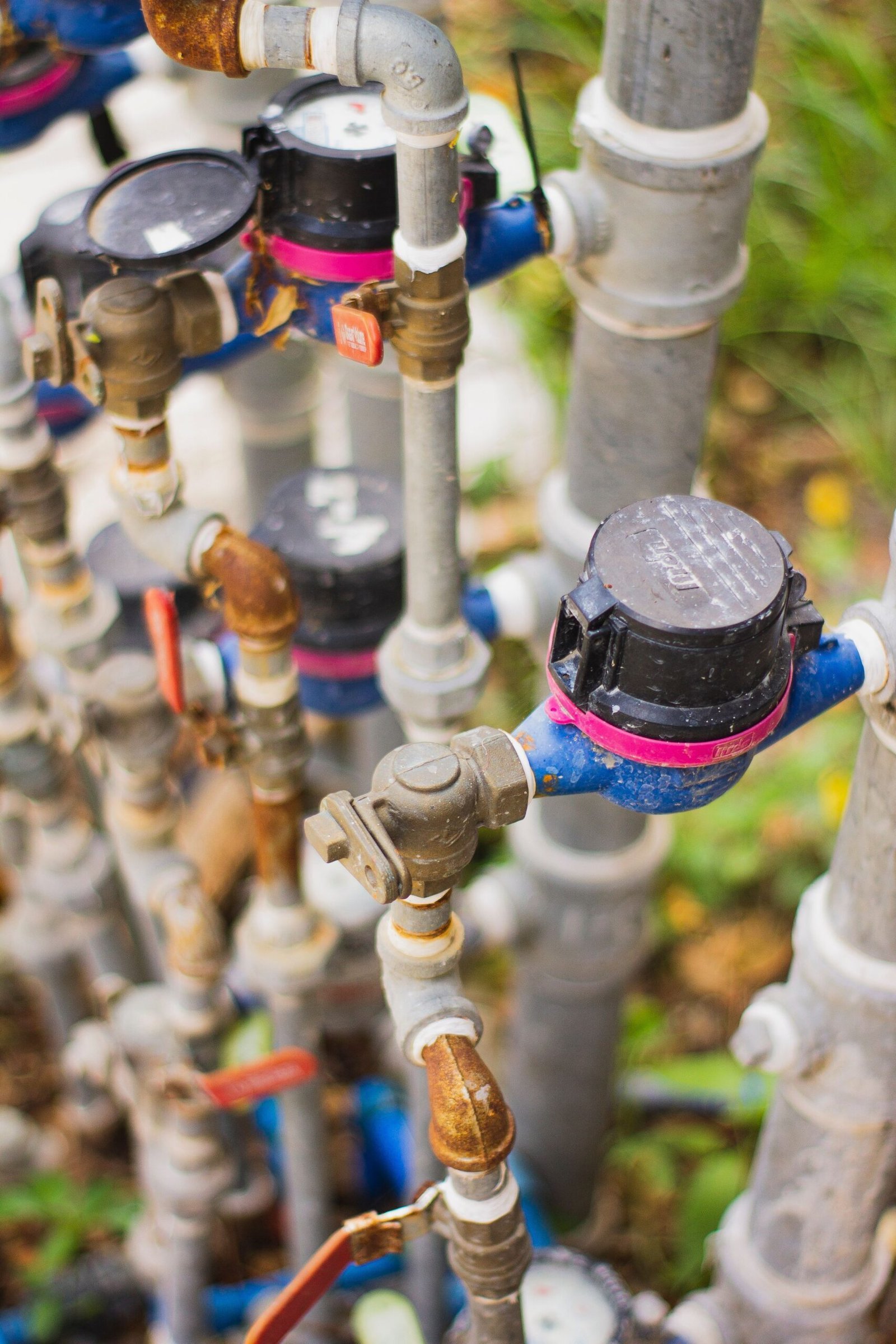 Row of residential water meters and shutoff valves, Los Angeles CA