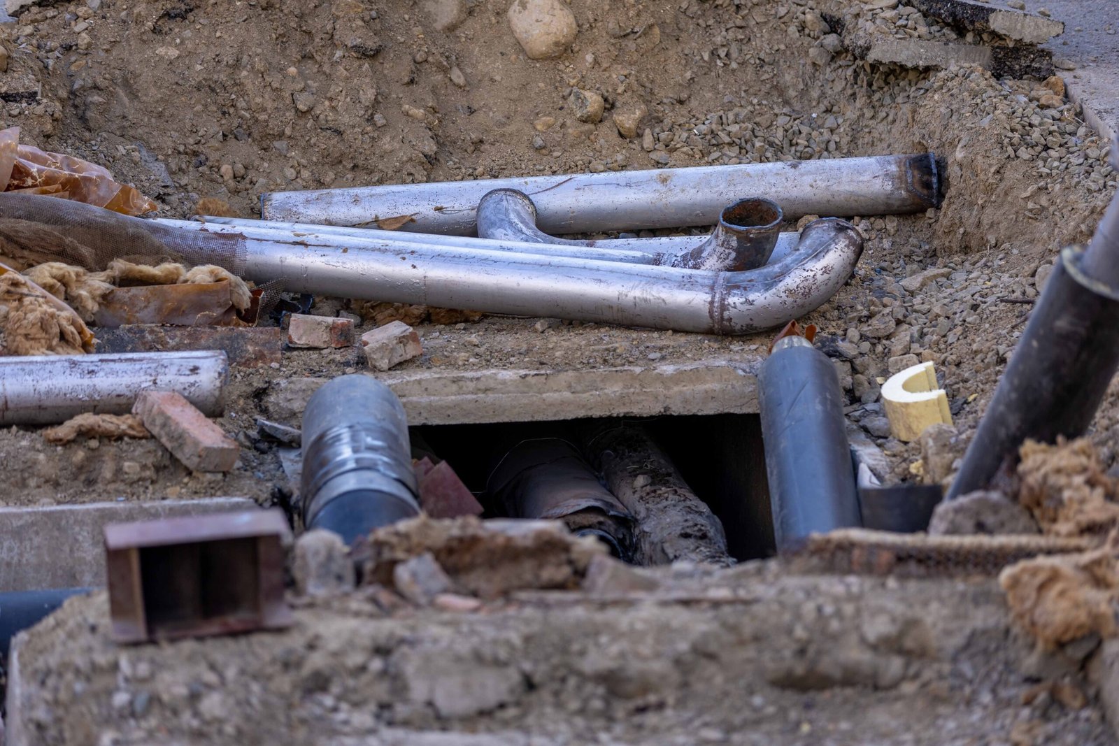 Excavated sewer line pipes exposed for repair, Los Angeles CA